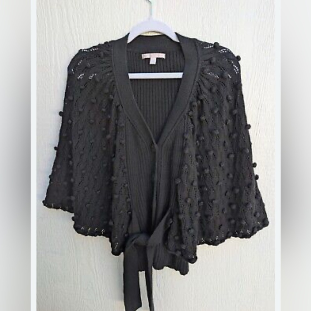 Rebecca Taylor Black Wool Blend Pompom Tie Front Cardigan Sweater - Picture 2 of 8